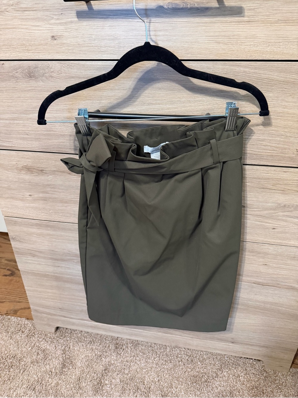 H&M Olive Green Paperbag Waist A-Line Skirt with Self Tie